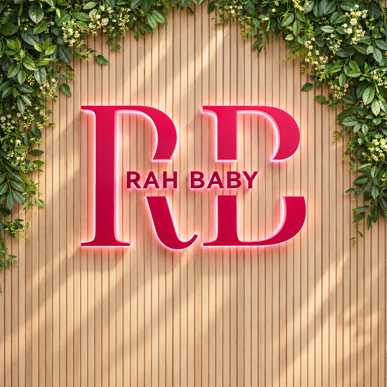 Logo de Rah Baby en letras fucsias con volumen sobre madera clara, rodeado de vegetación